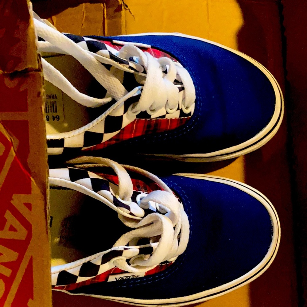 Red white and blue vans in box